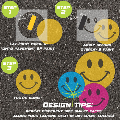 Instructions for using the Smile Face parking space stencil on pavement with step-by-step guidance.