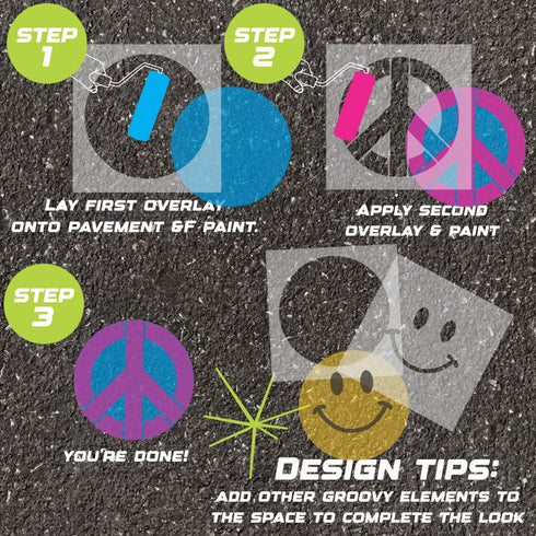 Instructions for using the Peace Sign parking space stencil on pavement with step-by-step guidance.