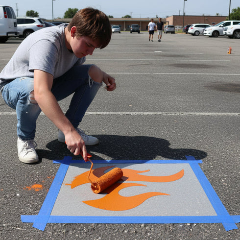 Flame stenciled on pavement with matching parking space stencil.