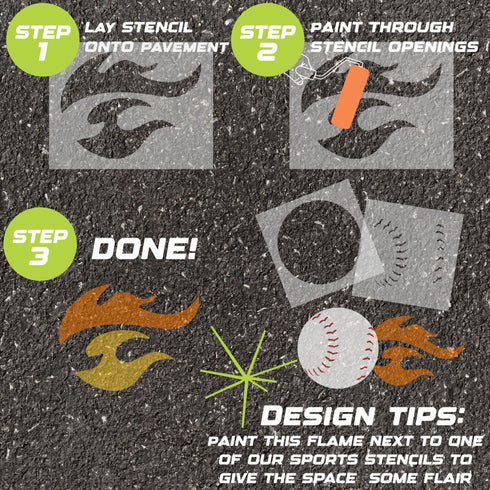 Instructions for using a Flame parking space stencil on pavement with step-by-step guidance.