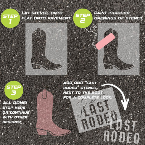 Instructions for using the Cowboy Boot parking space stencil on pavement with step-by-step guidance.