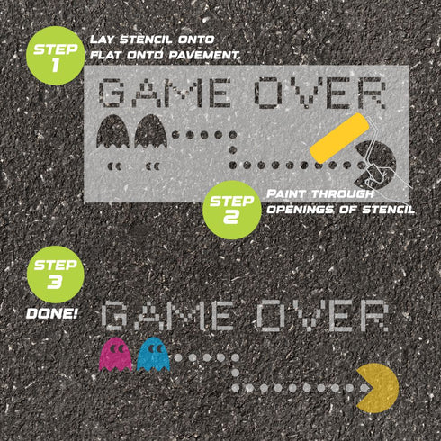Instructions for creating a 'Game Over' design on pavement using a stencil.