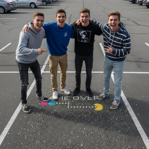 Pixelated 'Game Over' screen with Pac-Man characters on an asphalt surface