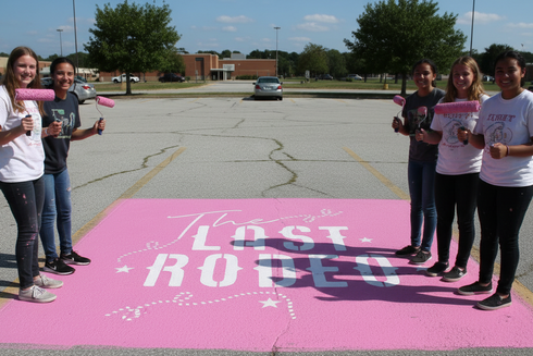 Group of people standing on a pink surface with 'Last Rodeo' text in a parking lot.