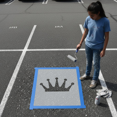 Person painting a crown design with a roller in a high school parking lot