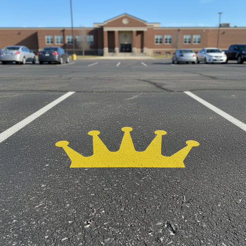 Crowns parking lot stencil painted onto pavement for Senior Parking Spaces.