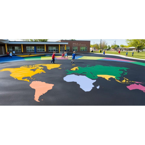 World Map Stencil in use on playground. Easily add this to your schools playground with our stencils today!