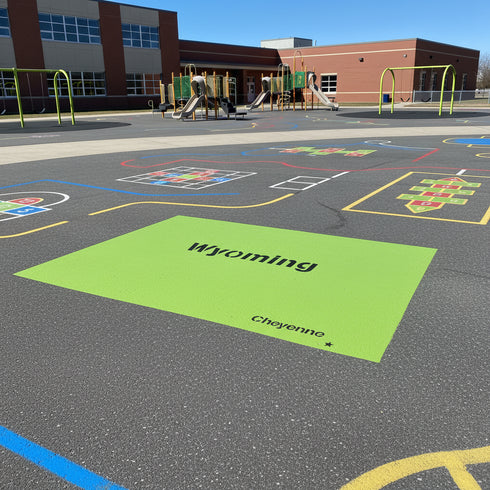 Playground with a large green mat displaying 'Wyoming Cheyenne' on an asphalt surface.