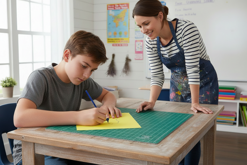 Teacher and student working with a Gyro_Cut on a craft project in a classroom.
