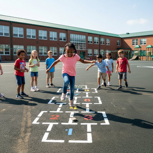 Children playing hopscotch on a school playground
