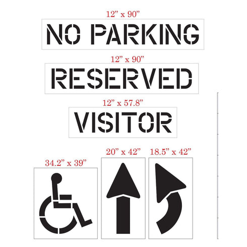 Small Retail Parking Lot Stencil Kit showing 'No Parking', 'Reserved', 'Visitor' signs and directional arrows.