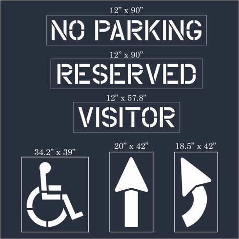 Small Retail Parking Lot Stencil Kit showing No Parking, Reserved, Visitor signs, and directional arrows.