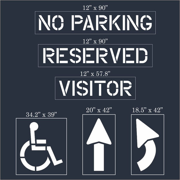 Small Retail Parking Lot Stencil Kit showing No Parking, Reserved, Visitor signs, and directional arrows.