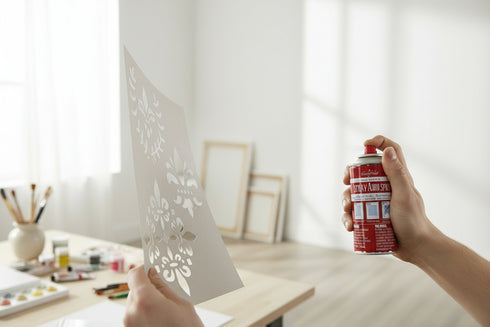 Repositionable Spray Adhesive in use on a stencil