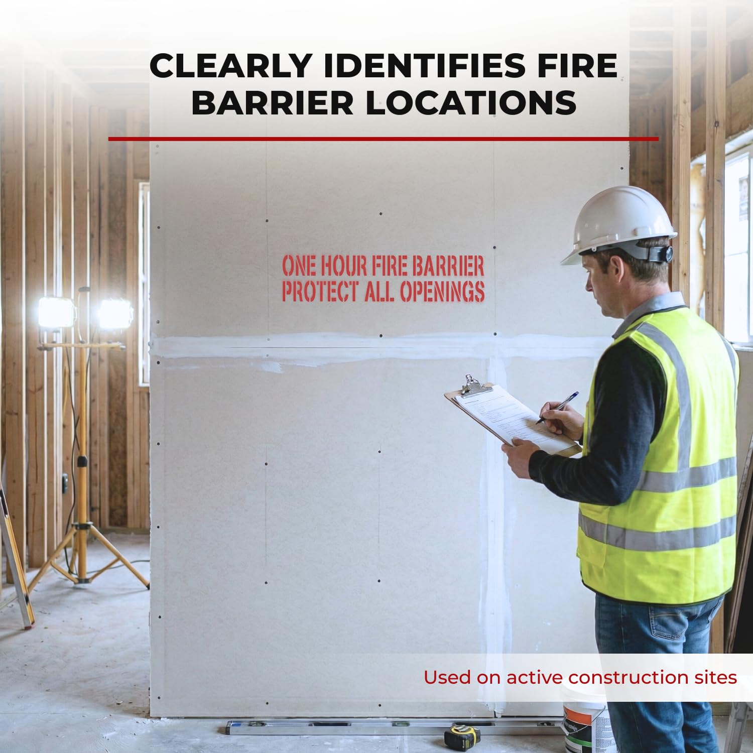 Person in safety gear inspecting a fire barrier on a construction site