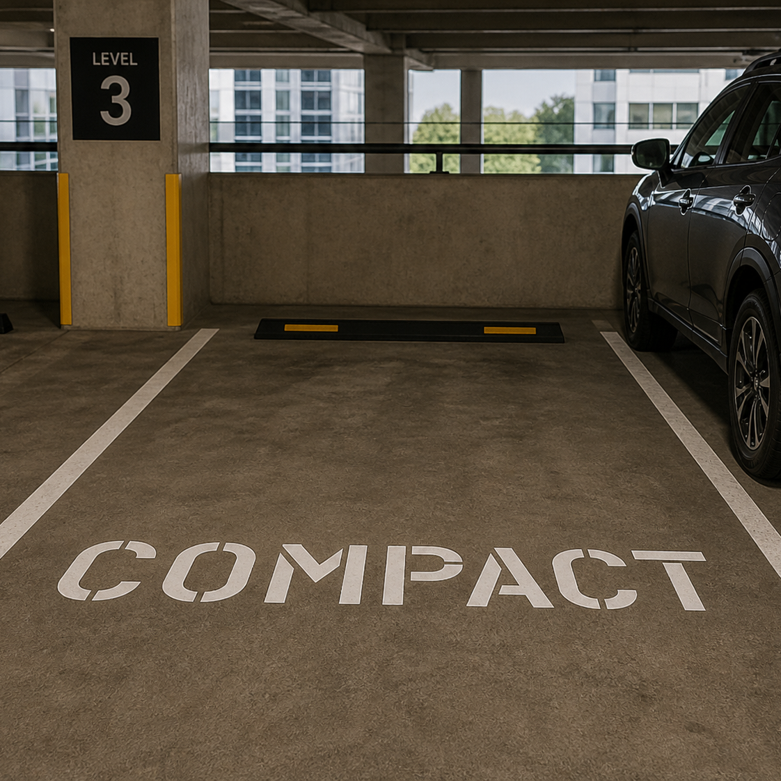 Compact stencil applied to a parking space inside of a parking garage