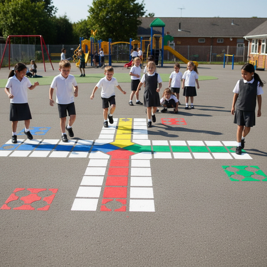 Children playing hopscotch on a playground with colorful grid markings.