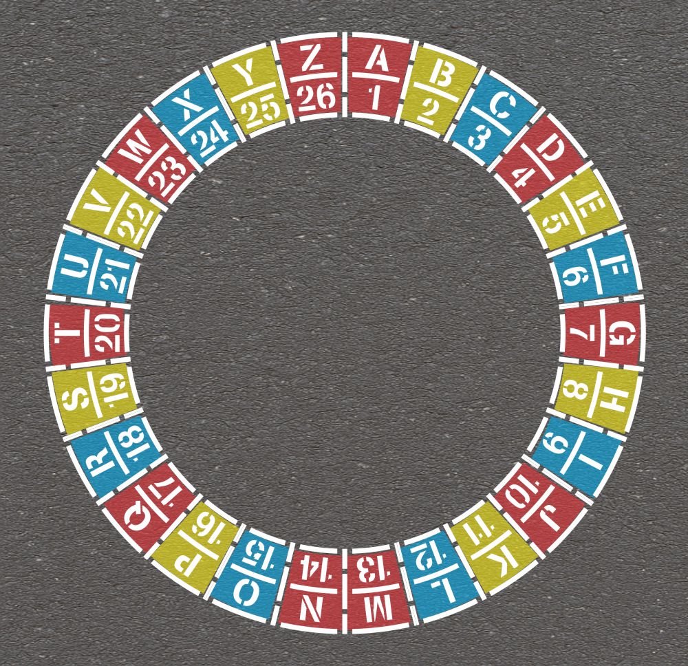 Circular arrangement of letters and numbers on a gray background