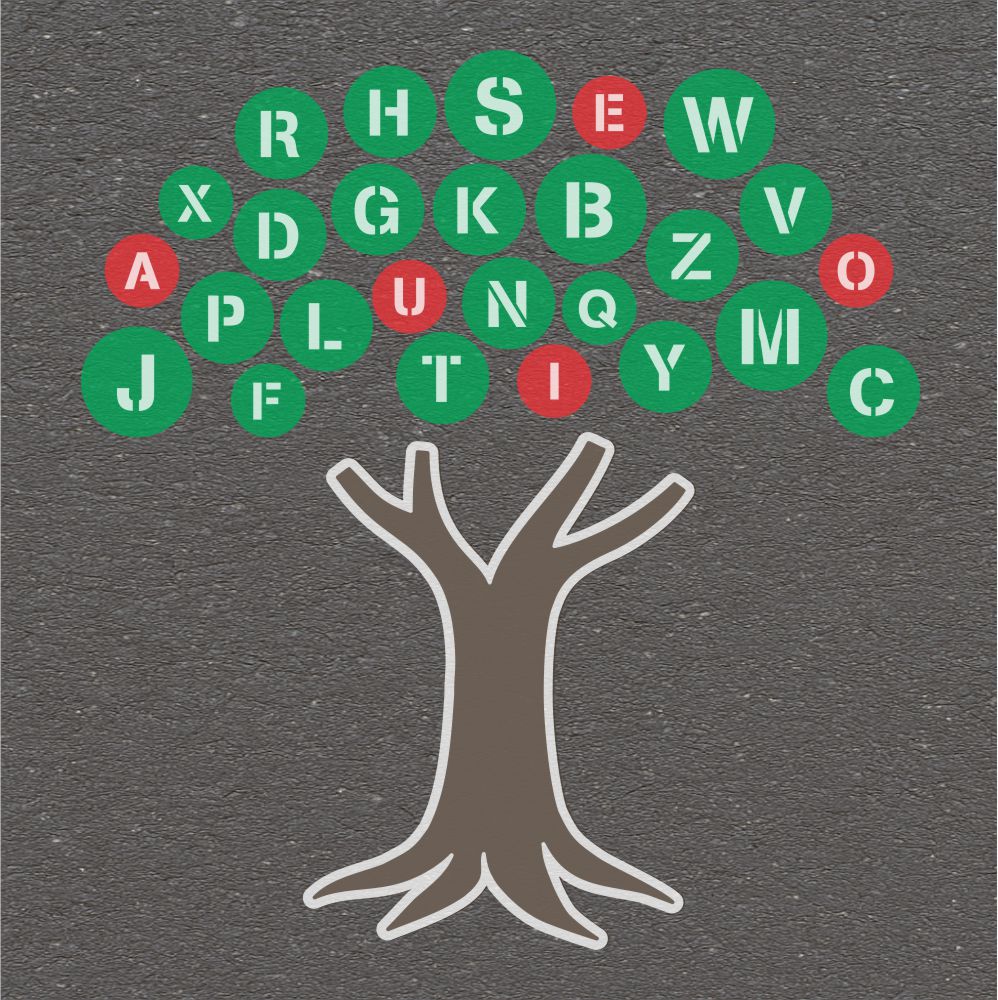 Tree with letters of the alphabet in a circle above it on a gray background