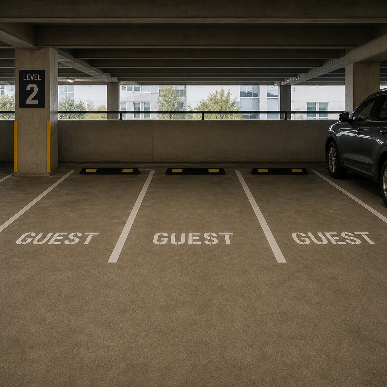 Guest Stencil applied to the parking spaces in a parking garage 