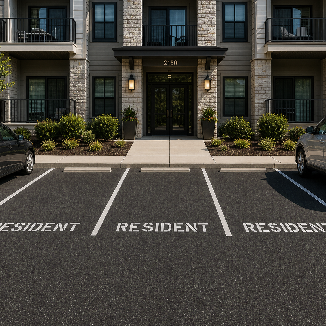 Resident Parking Lot Stencil applied to parking spaces in front of an apartment building