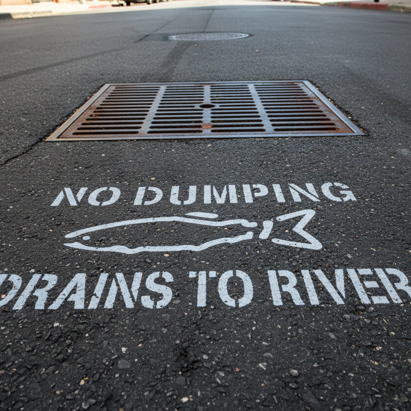 Environmental message with fish icon and text 'No Dumping Drains to River' on a white background