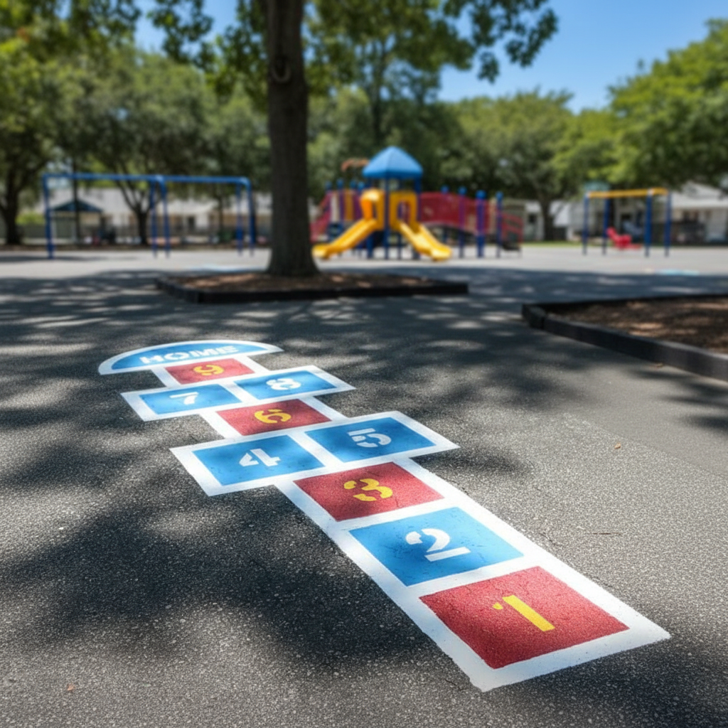 Colorful hopscotch grid on a playground surface with a playground in the background.