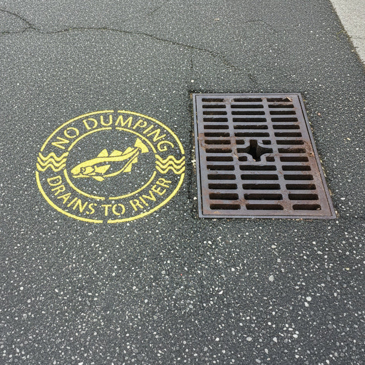 Circular logo with a fish illustration and 'No Dumping Drains to River' text applied in yellow onto pavement.