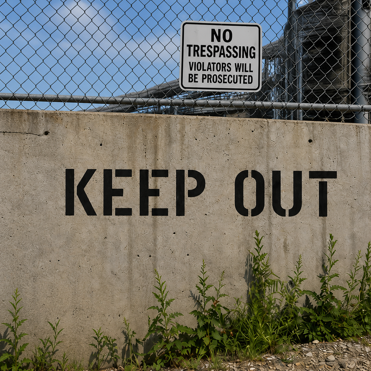 Keep Out Stencil used on a concrete wall in front of private property.