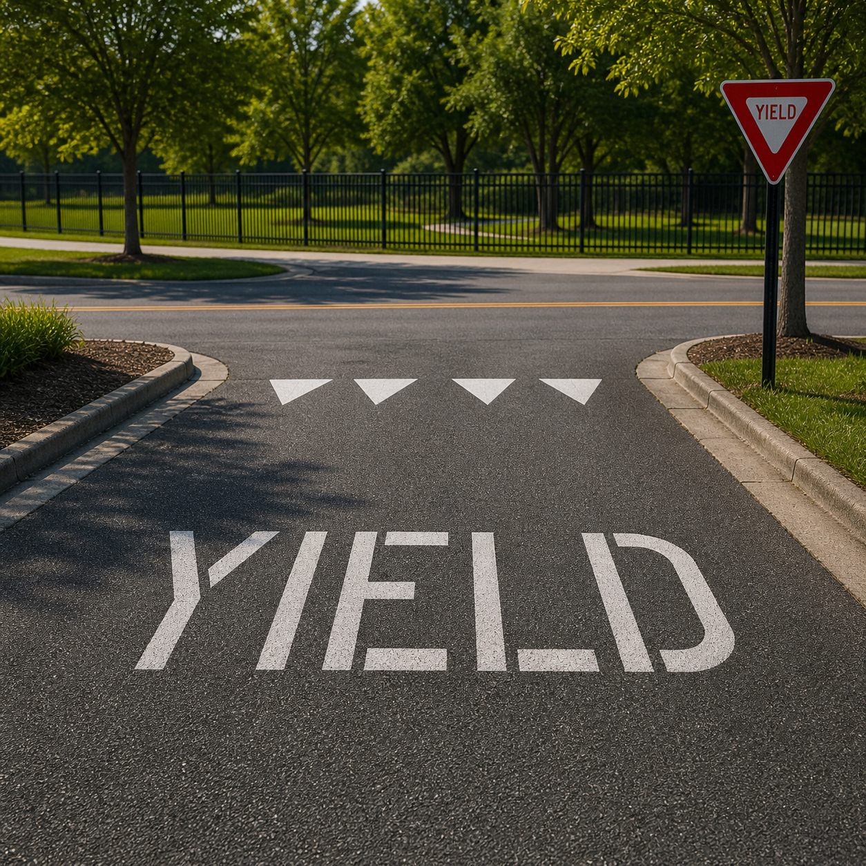 Yield Sign Stencil applied to the end of a street.