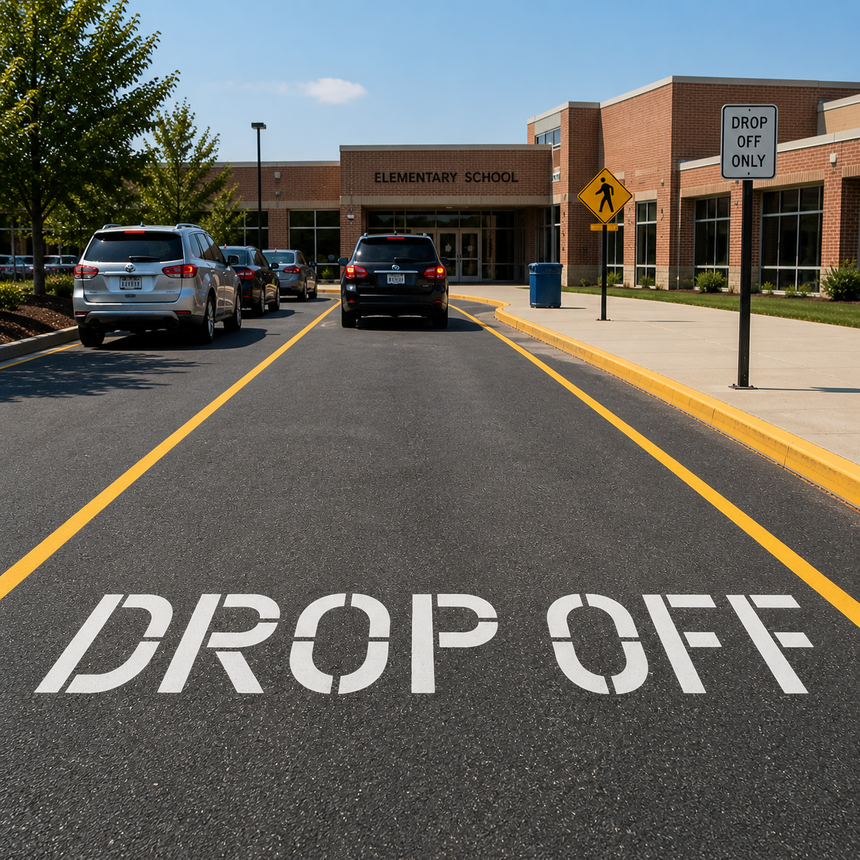 Drop off parking log stencil that has been applied to a school drop off line