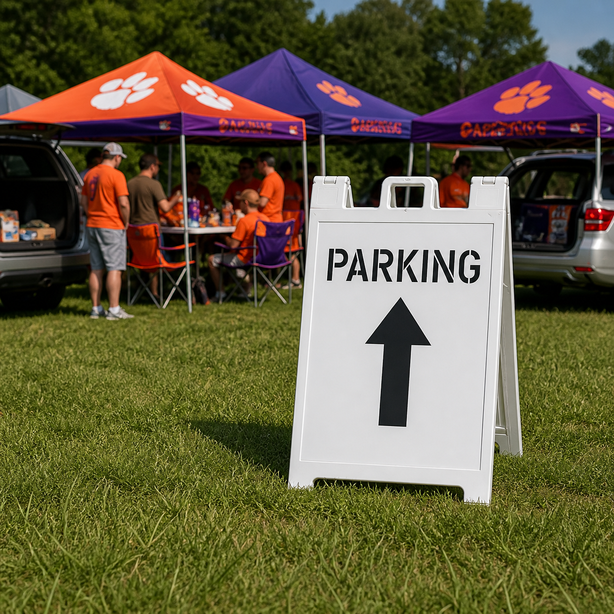 Parking Stencil with an arrow that has been stenciled onto an a-frame sign for tailgate parking