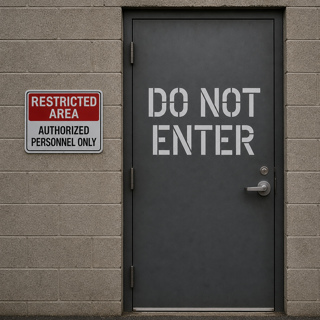 Door with 'Do Not Enter' sign and nearby 'Restricted Area' sign on a brick wall.