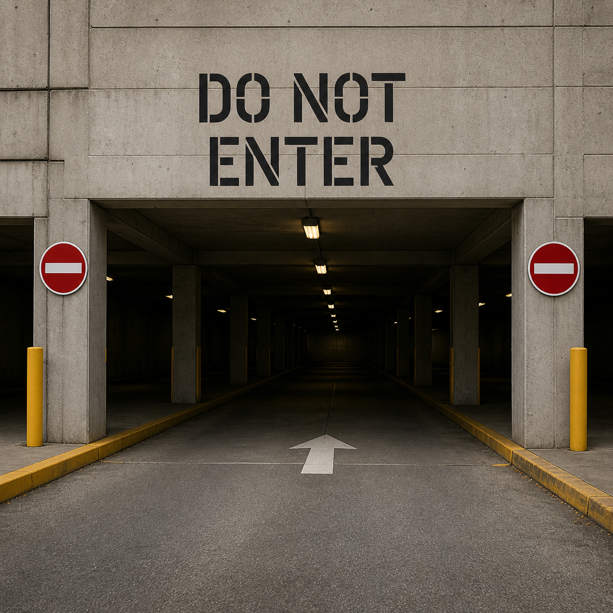 Concrete entrance with 'Do Not Enter' sign and arrow on pavement