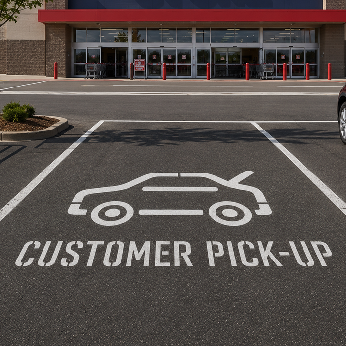 Store exterior with a 'Customer Pick-Up' area marked on the pavement.