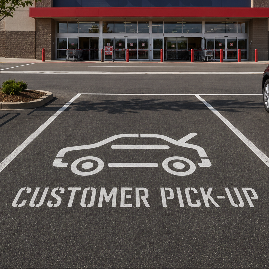 Store exterior with a 'Customer Pick-Up' area marked on the pavement.