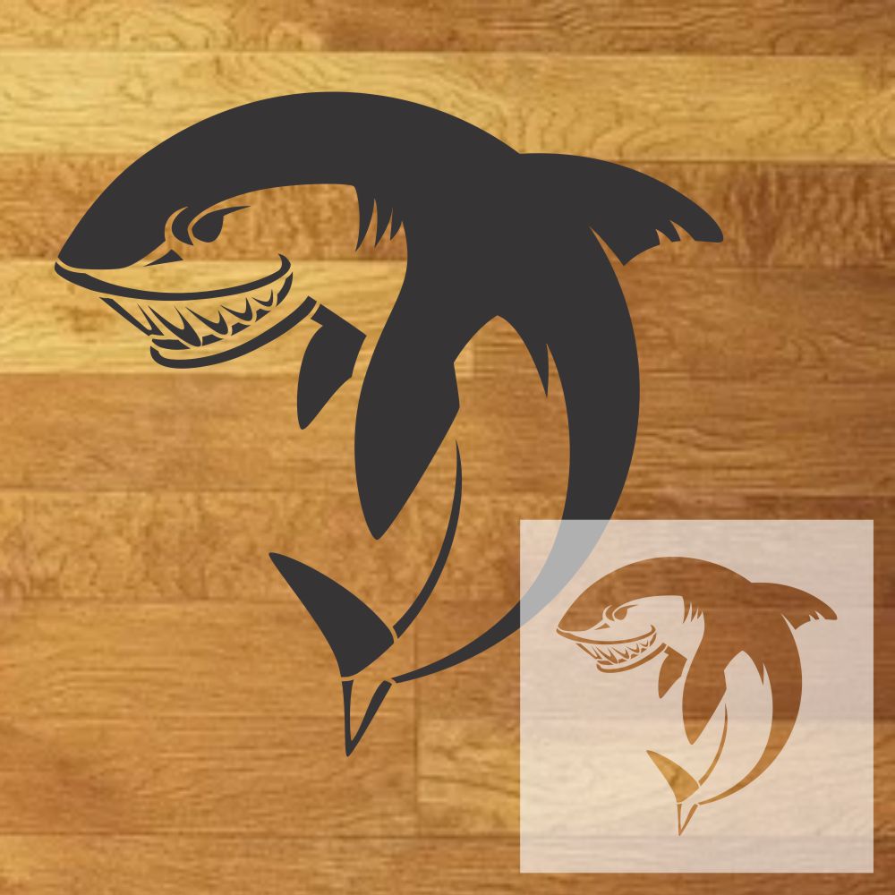 Shark 1 Mascot  design mockup with inset of the stencil sheet