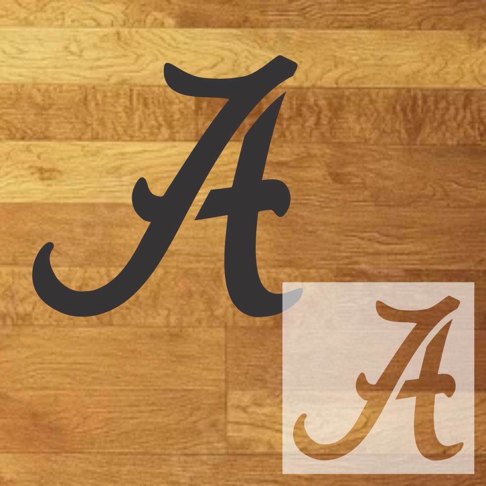 Black letter 'A' on a wooden background with the stencil design 'A' in the corner.