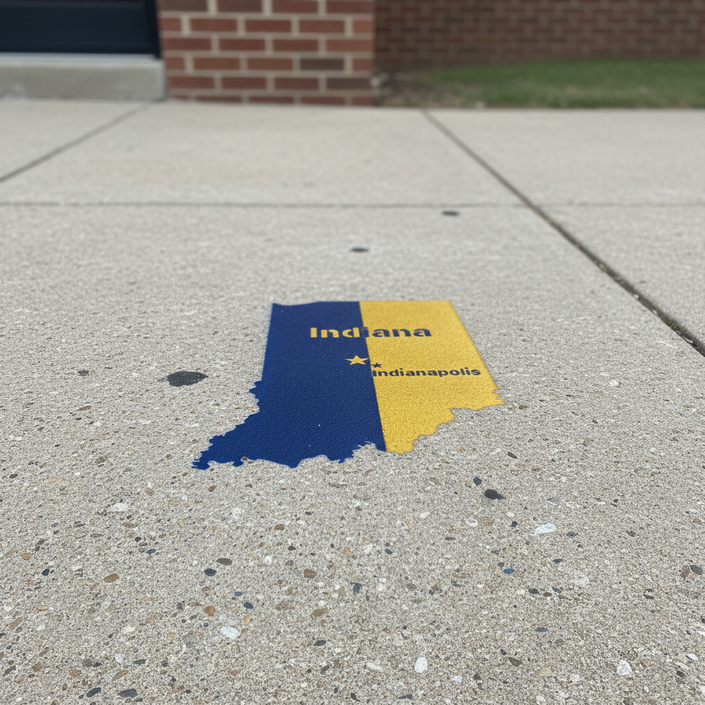 Map of Indiana on a concrete surface with 'Indiana' and 'Indianapolis' text.