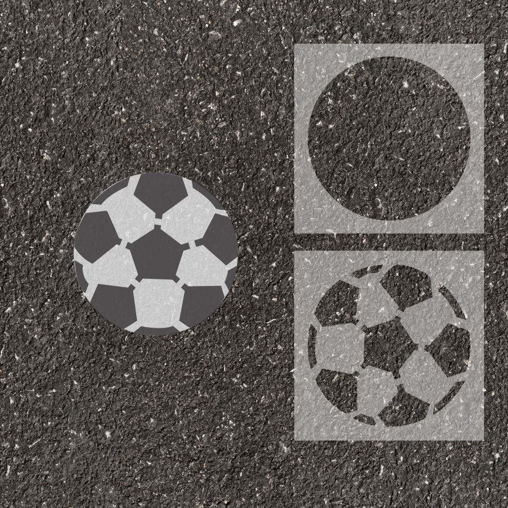 Soccer stenciled on pavement with matching 2 overlay parking space stencil.