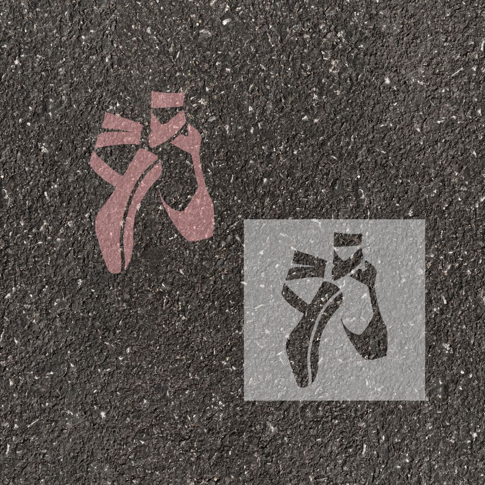 Ballet pointe shoes stenciled on pavement with matching stencil.