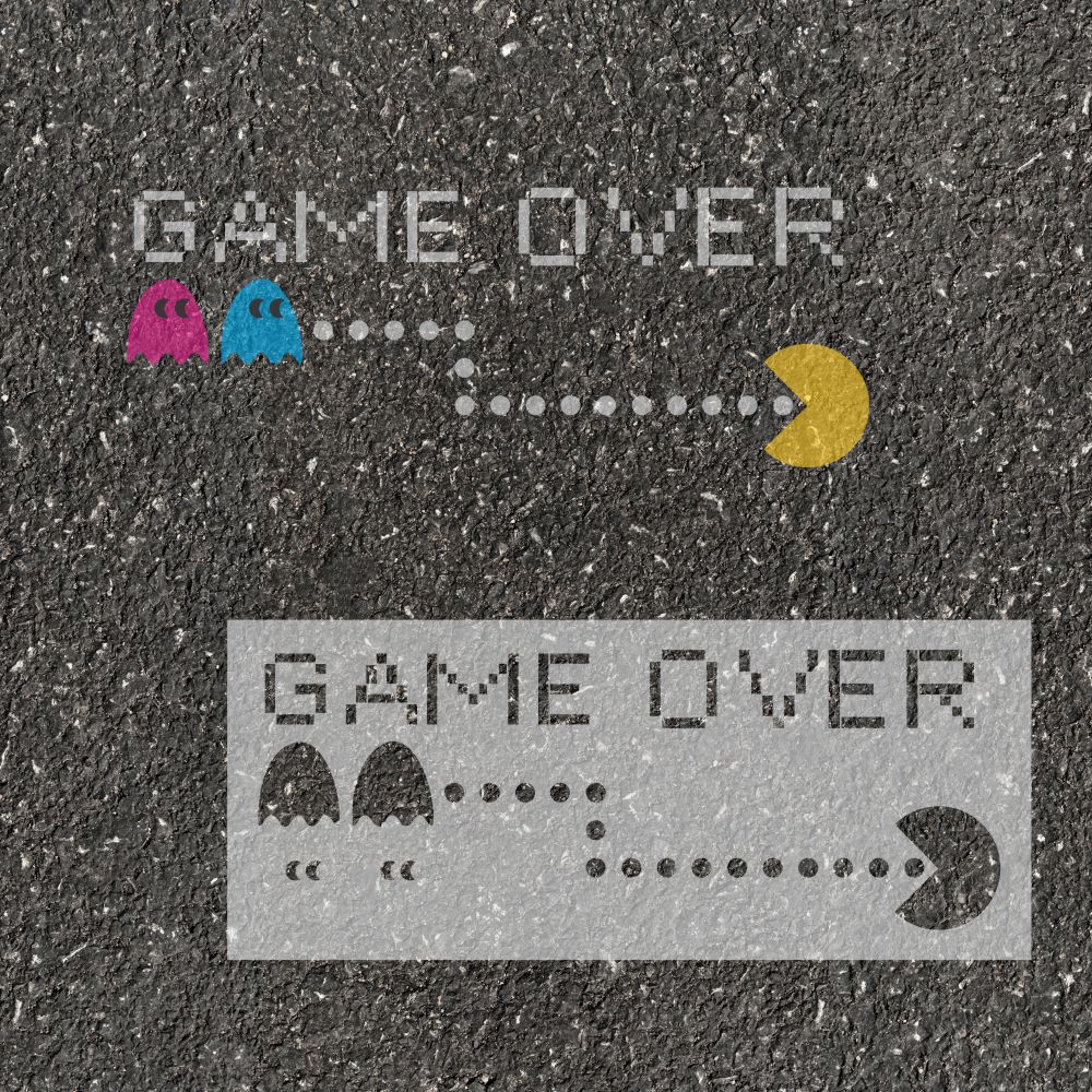 Pixelated 'Game Over' screen with Pac-Man characters on an asphalt surface