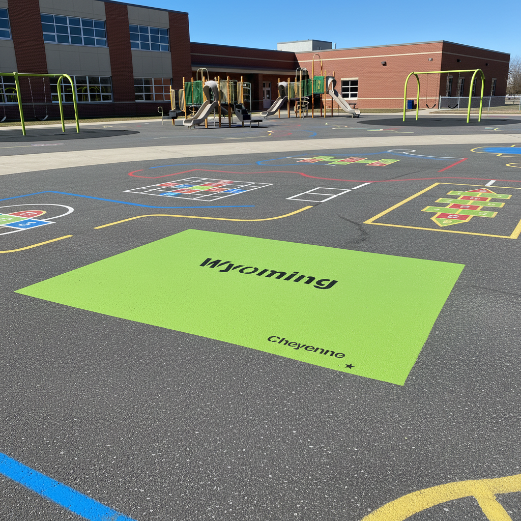 Playground with a large green mat displaying 'Wyoming Cheyenne' on an asphalt surface.