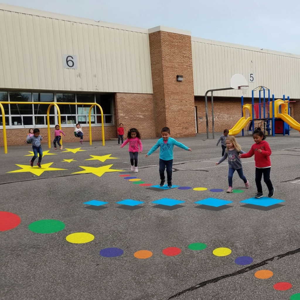 Children playing on a playground with colorful markings in front of a school building.