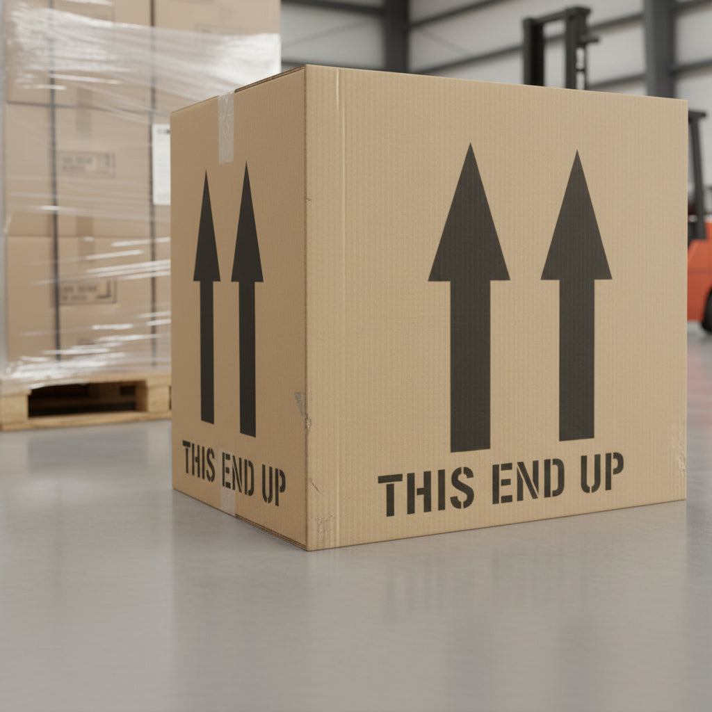 This End Up Freight Marking Stenciled onto a box
