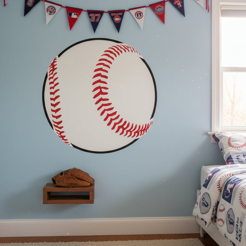 Baseball Stencil that has been painted onto a bedroom wall.